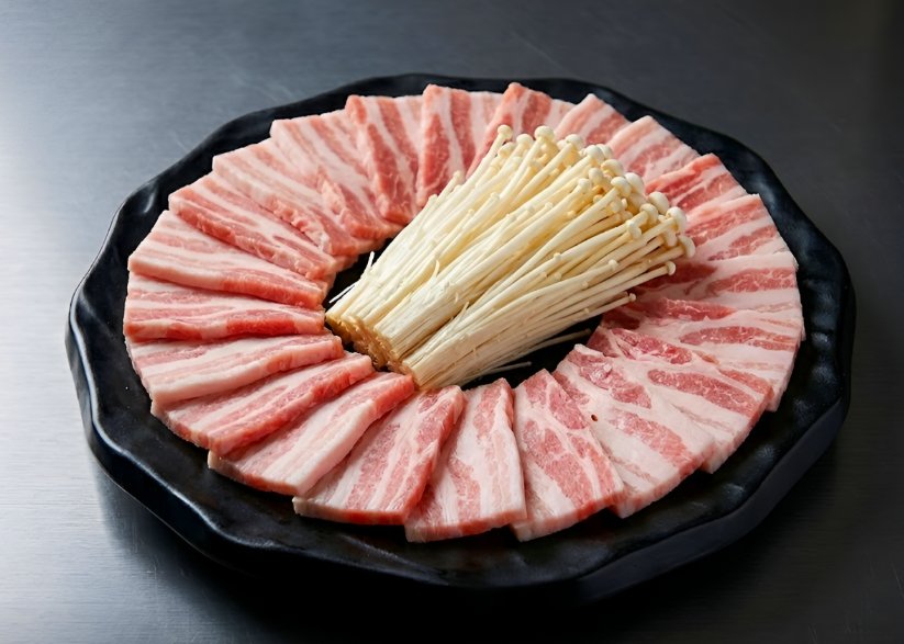 얇게 썰어 담은 삼겹살과 팽이버섯